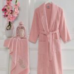 Kadın Havlulu Banyo Bornoz Takımı Pamuklu Pembe