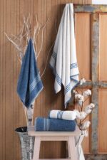 4 lü Kadın Erkek Banyo Havlusu Takımı Oscar Mavi Krem - Görsel 2
