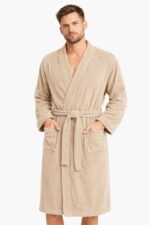 Kimono Yaka Unisex Pamuklu Tek Kişilik Bornoz Bej - Görsel 2