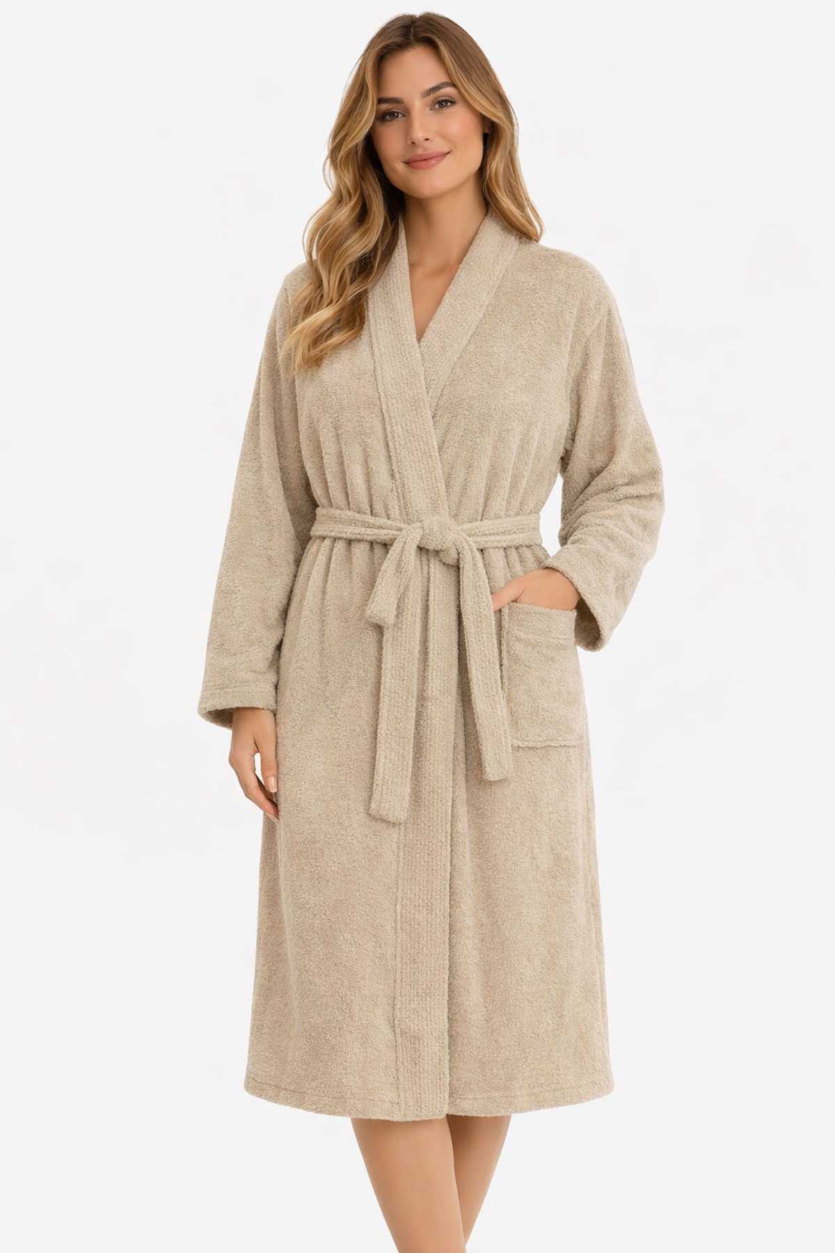 bej26.jpg Kimono Yaka Unisex Pamuklu Tek Kişilik Bornoz Bej - Görsel 1