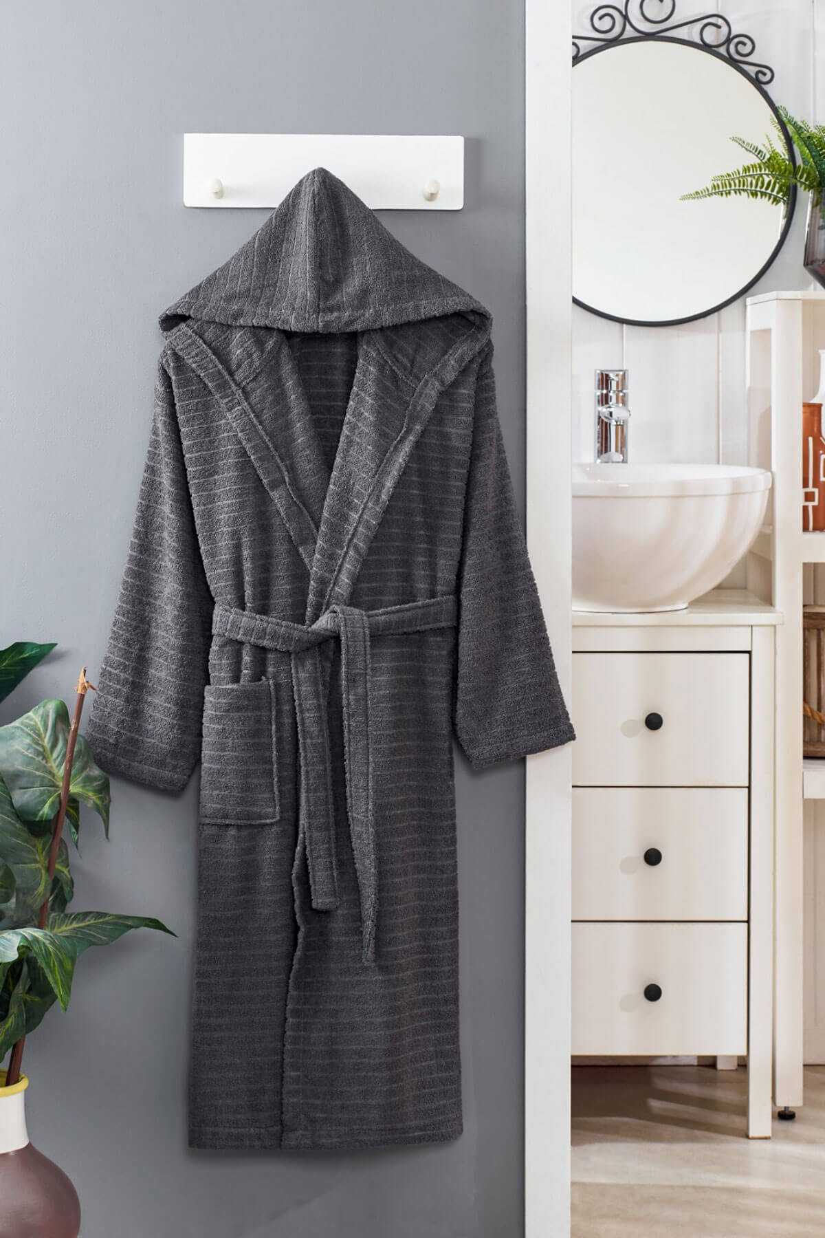 gri.jpg Kapüşonlu Unisex Banyo Bornozu %100 Soft Pamuklu Antrasit - Görsel 1