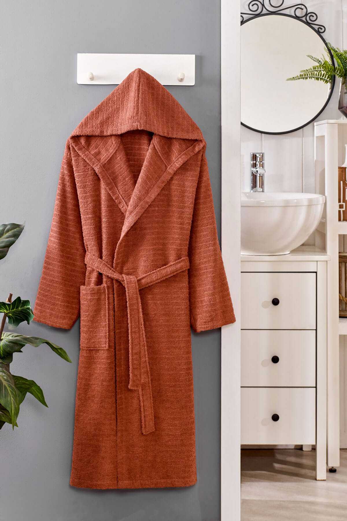 kahve.jpg Kapüşonlu Unisex Banyo Bornozu %100 Soft Pamuklu Kahve - Görsel 1