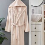 Kapüşonlu Unisex Banyo Bornozu %100 Soft Pamuklu Krem