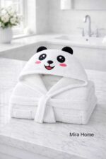 Sevimli Panda Nakışlı Beyaz Pamuklu Kapşonlu Çocuk Bornozu - Görsel 2