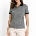 Kadın Polo Yaka Çizgili Tişört Kısa Kol Düğmeli Yazlık T-Shirt - Gri