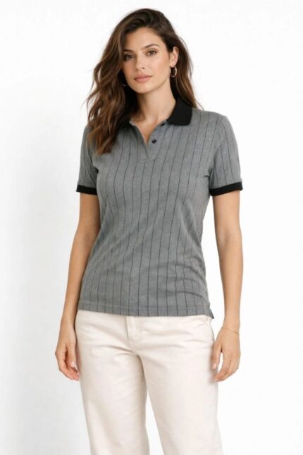 Kadın Polo Yaka Çizgili Tişört Kısa Kol Düğmeli Yazlık T-Shirt - Gri