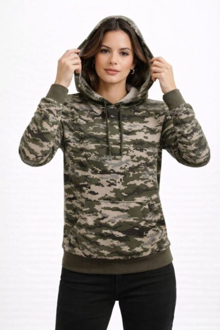 Kadın Kamuflaj Desenli 2 İplik 4 Mevsim Kapüşonlu Kanguru Cepli Hoodie Sweatshirt - Kamuflaj