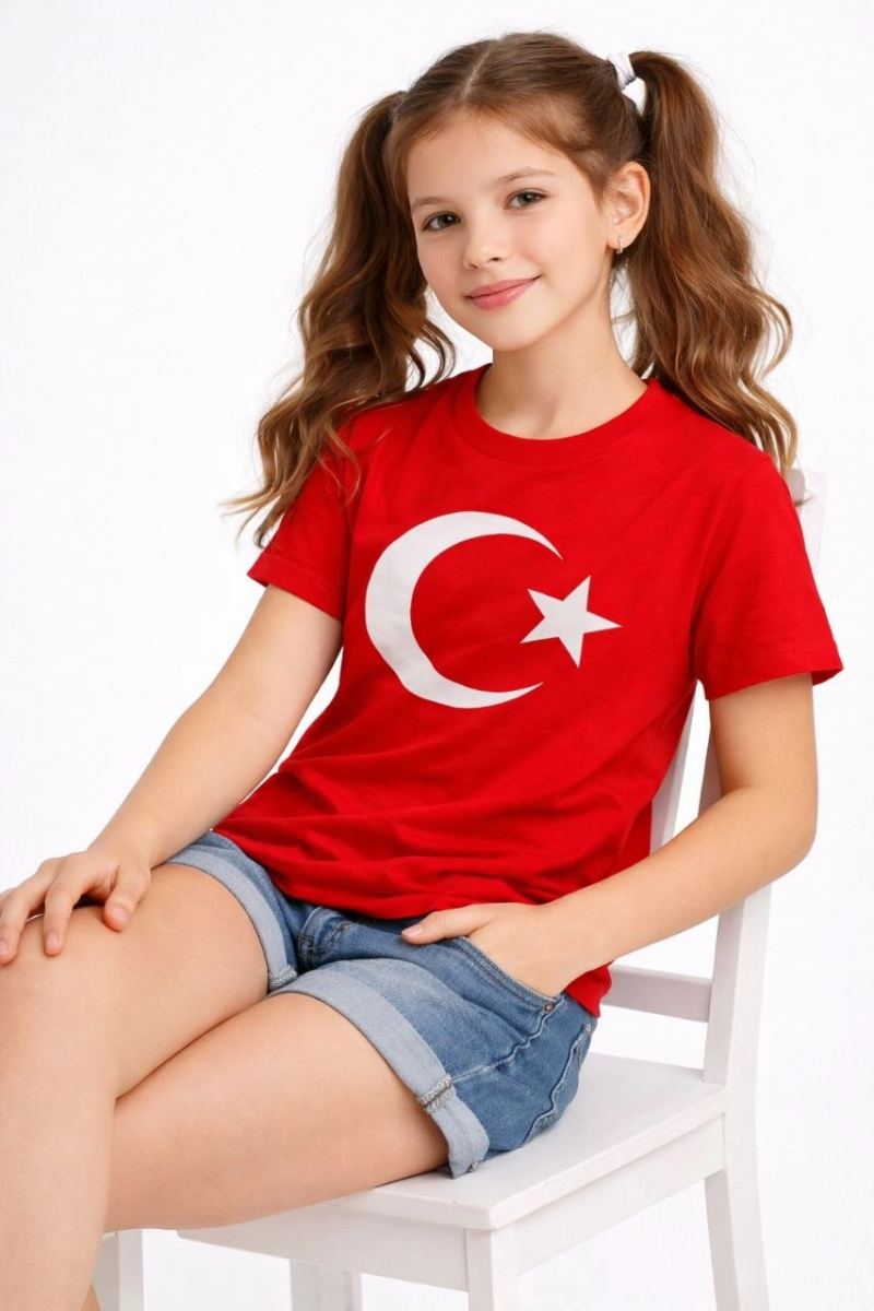 vlmrtr-10246_69c53b9a067b2-52997592-sw853sh1280-kw3ormx5.jpg Kız Çocuk Tişört Bisiklet Yaka Ay Yıldız Bayrak Baskılı T-Shirt - Kırmızı - Görsel 1