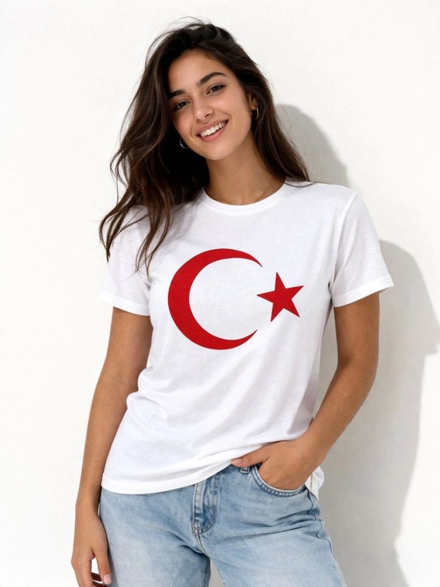 vlmrtr-10249_69c6cff2d02e9-38854123-sw960sh1280-1qwtcra8.jpg Kadın T-Shirt Kısa Kol Bisiklet Yaka Ay Yıldız Bayrak Baskılı Tişört - Beyaz - Görsel 1