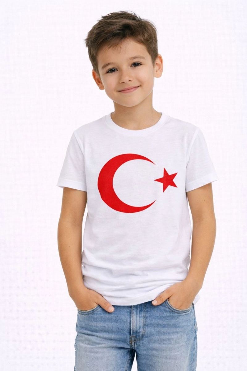 vlmrtr-10250_69c6d2bf1a972-67660313-sw853sh1280-1dm2do4g.jpg Erkek Çocuk Tişört Bisiklet Yaka Ay Yıldız Bayrak Baskılı T-Shirt - Beyaz - Görsel 1