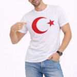 T-Shirt Bisiklet Yaka Ay Yıldız Bayrak Baskılı T-Shirt - Beyaz