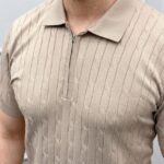 Erkek Yazlık Triko Saç Örgü Tişört Kısa Kol Polo Yaka Fermuarlı T-Shirt - Bej