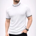 Erkek Fitilli Triko Dokuma Kısa Kol Tişört Yarım Boğaz Modern Yazlık T-Shirt - Beyaz