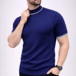 Fitilli Triko Dokuma T-Shirt Yarım Boğaz Modern T-Shirt - Lacivert