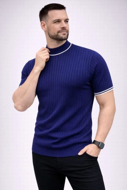 Fitilli Triko Dokuma T-Shirt Yarım Boğaz Modern T-Shirt - Lacivert