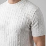 Erkek Yazlık Triko Dokuma Tişört Kısa Kol Bisiklet Yaka Örgü Desenli T-Shirt - Beyaz