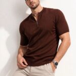 Erkek Kısa Kol Fitilli Triko T-Shirt Yazlık Hakim Yaka Tişört - Kahverengi