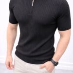 Fitilli Triko T-Shirt Hakim Yaka T-Shirt - Siyah