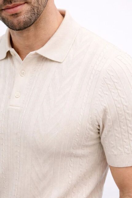 Triko T-Shirt Polo Yaka Düğmeli T-Shirt - Krem