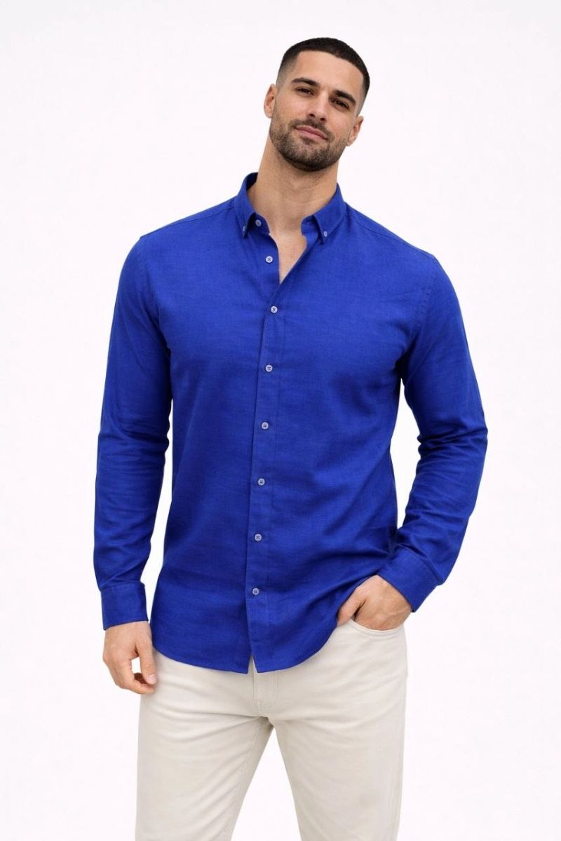 vlmrtr-10340_69cb8f34dd11a-58124338-sw853sh1280-1iiakvnp.jpg Erkek KETEN Kumaş Oversize Uzun Kollu Rahat Kalıp Gömlek - Saks Mavisi - Görsel 1