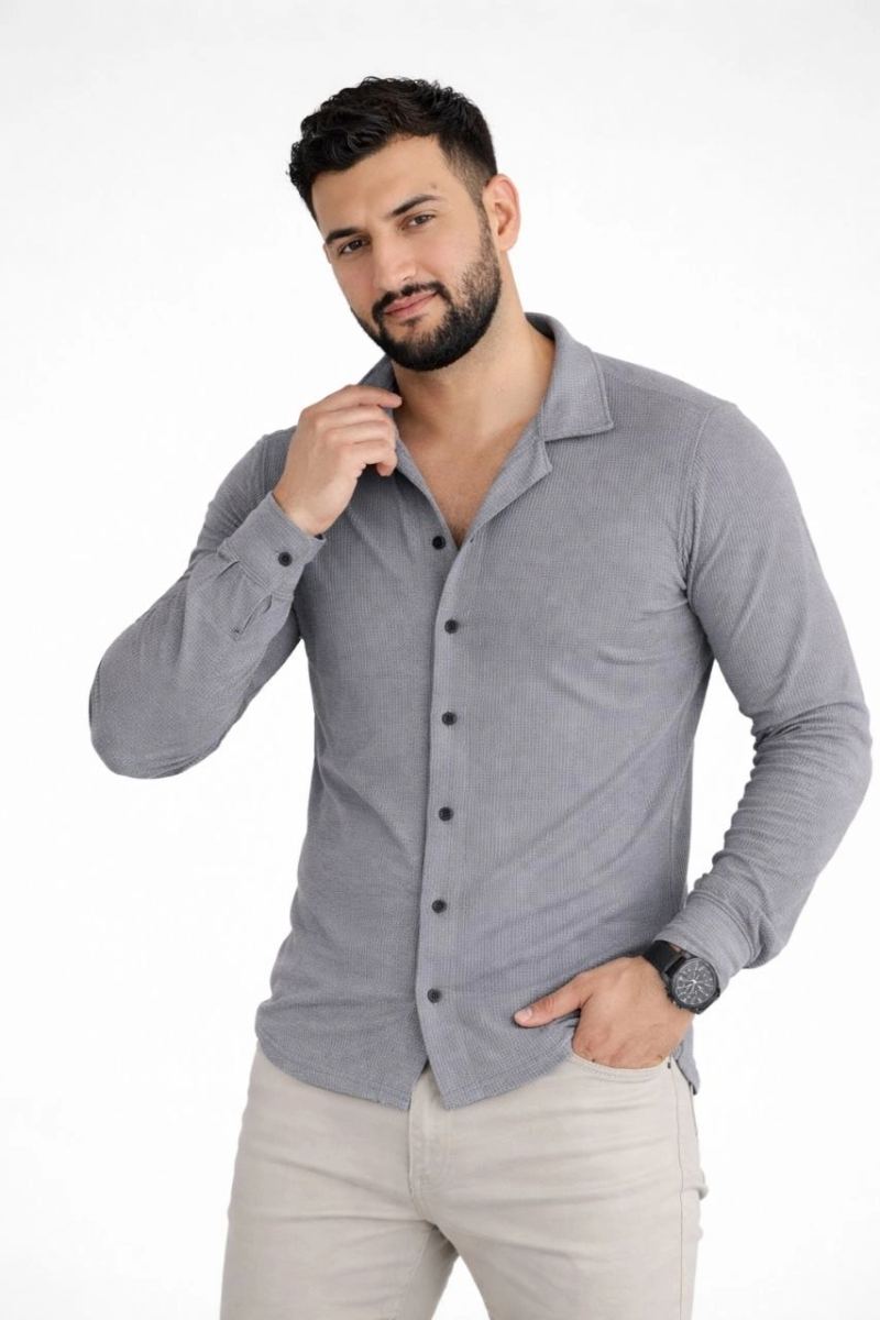 vlmrtr-10348_69cd49318106d-24578745-sw853sh1280-105vftc9.jpg Erkek Waffle Kumaş Uzun Kollu Düğmeli Açık Yaka Regular Fit Gömlek - Füme - Görsel 1