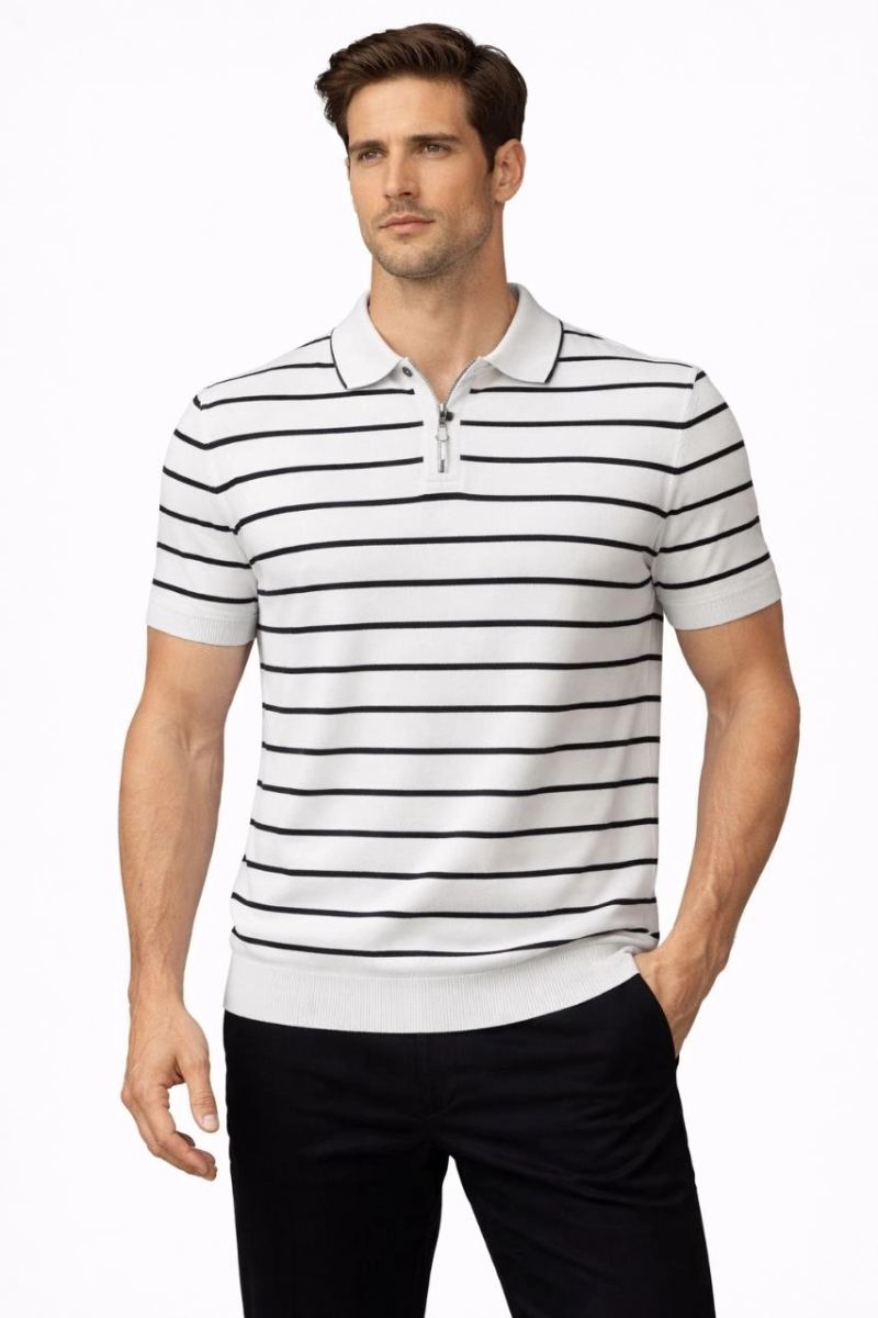 vlmrtr-10367_69ce455cdc65b-42104639-sw853sh1280-216b11ns.jpg Erkek Triko Polo Yaka Fermuarlı Çizgili Tişört T-Shirt Yazlık Şık - Beyaz - Görsel 1