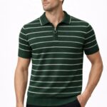 Triko Polo Yaka Fermuarlı Çizgili T-Shirt Şık - Yeşil