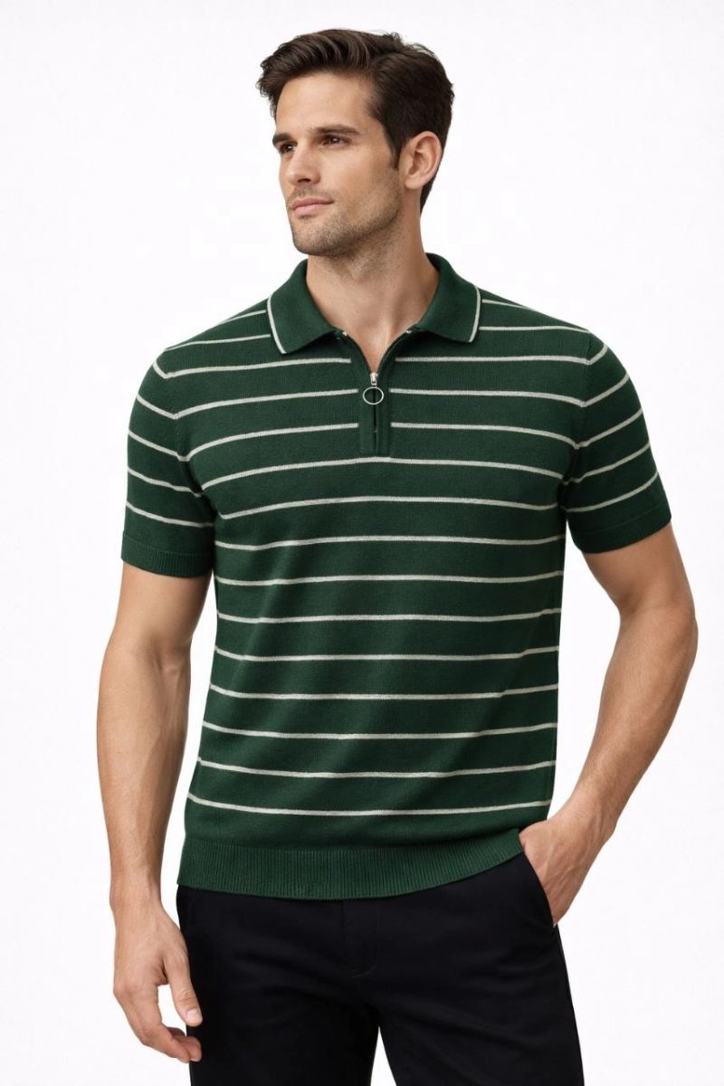 vlmrtr-10369_69ce46583b62c-21681955-sw853sh1280-vuooh6qq.jpg Triko Polo Yaka Fermuarlı Çizgili T-Shirt Şık - Yeşil - Görsel 1