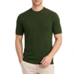 Erkek Yazlık Fitilli Triko Tişört Kısa Kol Bisiklet Yaka T-Shirt - Haki