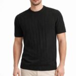 Fitilli Triko T-Shirt Bisiklet Yaka T-Shirt - Siyah