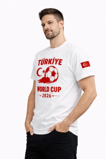 Türkiye World Cup 2026 Baskılı T-Shirt Futbol Temalı Forma T-Shirt - Beyaz