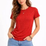Kadın Flam Kumaş Melanj Dokulu Regular Fit Tişört Bisiklet Yaka Yazlık T-Shirt - Kiremit