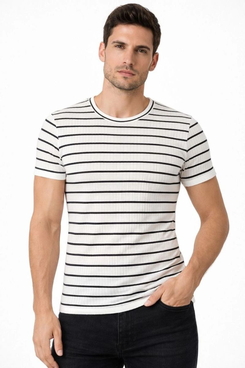 vlmrtr-10598_69dbbcb69382f-6506627-sw853sh1280-2v62wd77.jpg Çizgili Triko T-Shirt Dar Kesim Body Bisiklet Yaka - Beyaz - Görsel 1