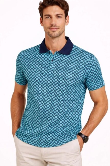 Pike Kumaş Polo Yaka Desenli T-Shirt T-Shirt - Turkuaz