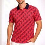 Erkek Pike Kumaş Polo Yaka Palmiye Desenli Tişört Kısa Kol Yazlık T-Shirt - Kırmızı