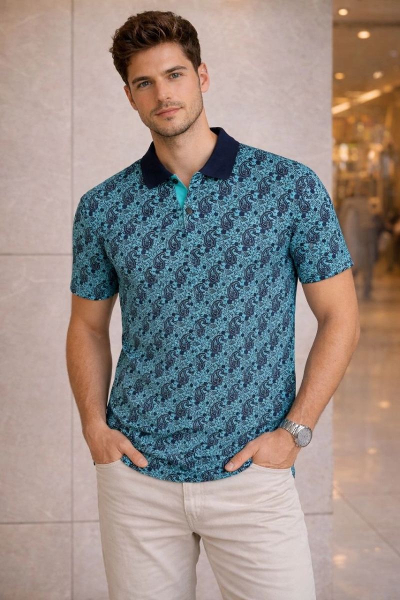 vlmrtr-10608_69dbc5927bfb1-2046428-sw853sh1280-2810a9bu.jpg Pike Kumaş Polo Yaka Palmiye Desenli T-Shirt T-Shirt - Turkuaz - Görsel 1