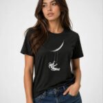 Kadın Astronot Ay Temalı Tişört Kısa Kol Yazlık Bisiklet Yaka T-Shirt - Siyah
