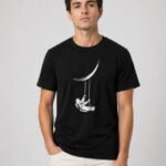 Astronot Ay Temalı T-Shirt Bisiklet Yaka T-Shirt - Siyah