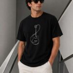 Minimal Gitar Baskılı T-Shirt Bisiklet Yaka T-Shirt - Siyah