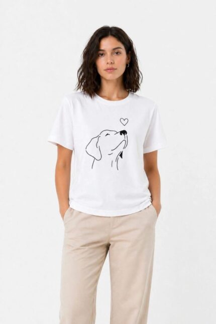 Kadın Köpek Figürlü Minimal Baskılı Tişört Kısa Kol Yazlık T-Shirt - Beyaz