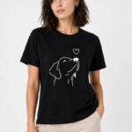 Kadın Köpek Figürlü Minimal Baskılı Tişört Kısa Kol Yazlık T-Shirt - Siyah