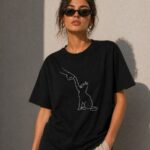 Kadın Minimal Kedi Çizim Baskılı Tişört Kısa Kol Yazlık T-Shirt - Siyah