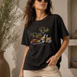 Kadın Motosiklet Baskılı Tişört Bisiklet Yaka Kısa Kol Yazlık T-Shirt - Siyah