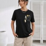 Kadın Sevimli Kedi Cep Baskılı Tişört Kısa Kol Yazlık T-Shirt - Siyah