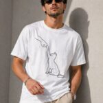 Minimal Kedi Çizim Baskılı T-Shirt T-Shirt - Beyaz