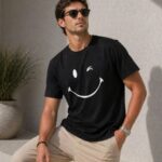 Minimal Gülümseyen Yüz Baskılı T-Shirt T-Shirt - Siyah