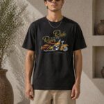 Motosiklet Baskılı T-Shirt Bisiklet Yaka T-Shirt - Siyah