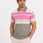 Erkek Flamlı Penye Çizgili Polo Yaka Tişört Kısa Kol Yazlık T-Shirt - Gri