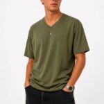 Erkek V Yaka Basic Tişört Kısa Kol Yazlık Regular Fit T-Shirt - Haki