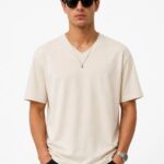 Erkek V Yaka Basic Tişört Kısa Kol Yazlık Regular Fit T-Shirt - Bej
